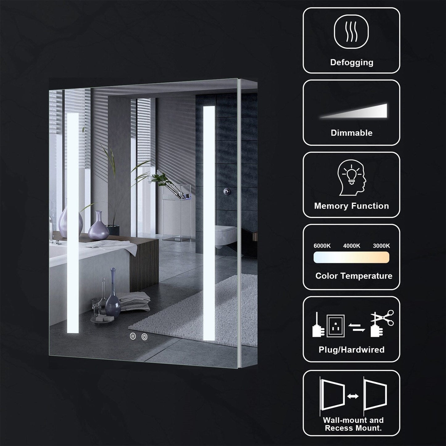 Forclover 24-in x 30-in Lighted LED Fog Free Surface/Recessed Mount Silver Mirrored Soft Close Medicine Cabinet with Outlet