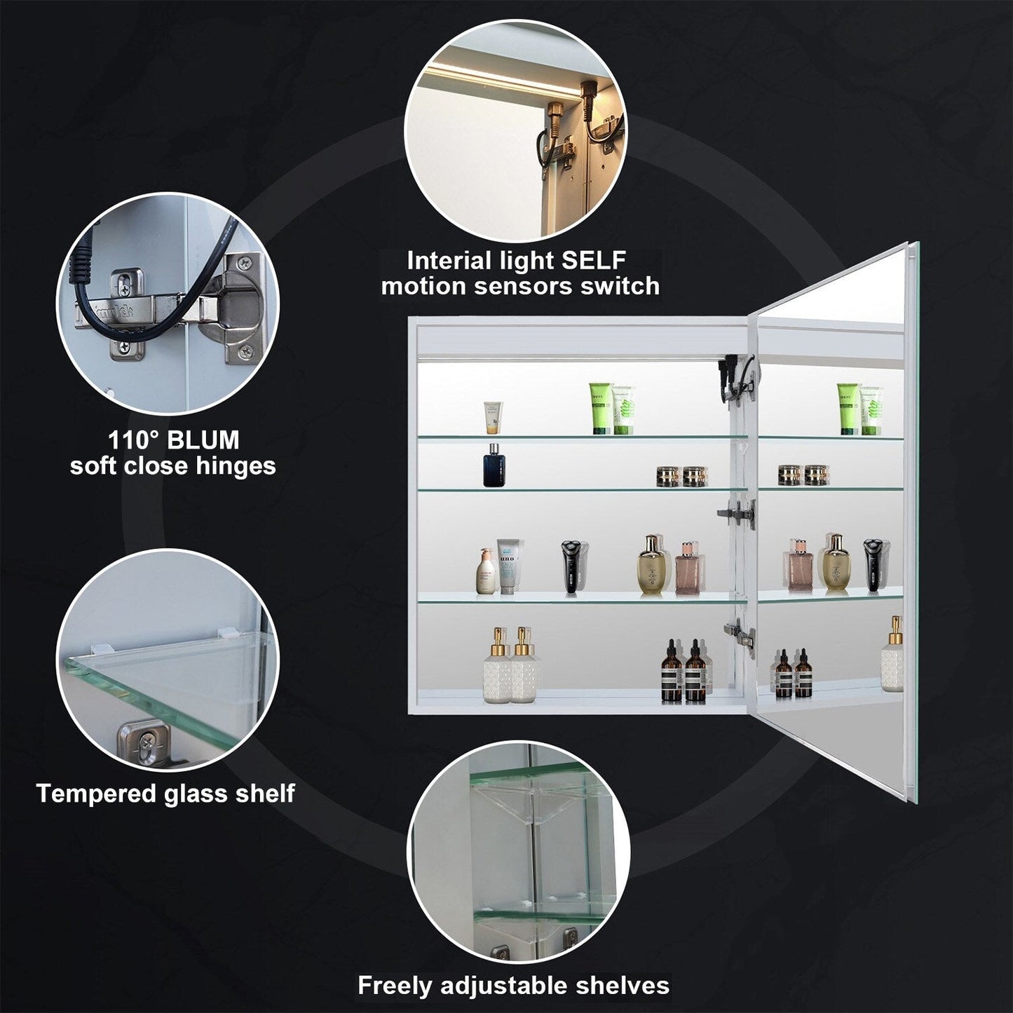 Forclover 24-in x 30-in Lighted LED Fog Free Surface/Recessed Mount Silver Mirrored Soft Close Medicine Cabinet with Outlet