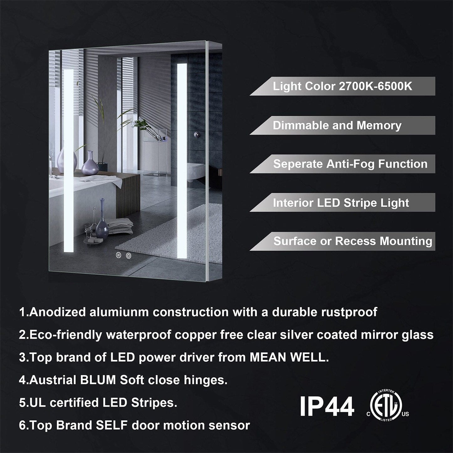 Forclover 24-in x 30-in Lighted LED Fog Free Surface/Recessed Mount Silver Mirrored Soft Close Medicine Cabinet with Outlet