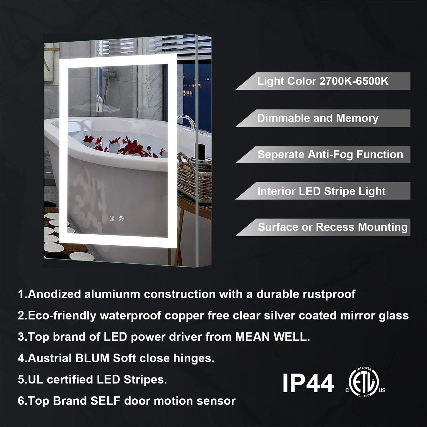 Forclover 24-in x 30-in Lighted LED Fog Free Surface/Recessed Mount Silver Mirrored Soft Close Medicine Cabinet with Outlet