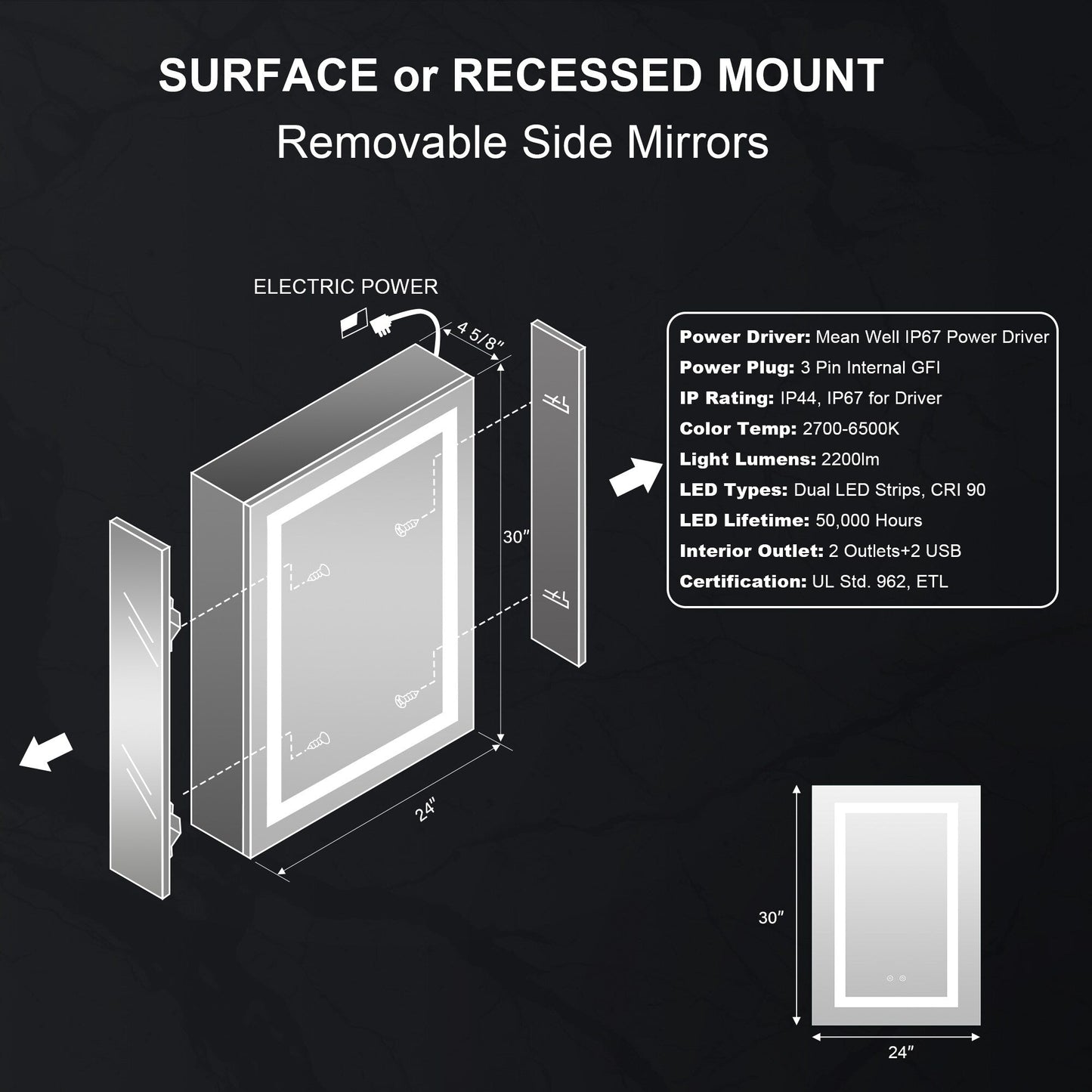 Forclover 24-in x 30-in Lighted LED Fog Free Surface/Recessed Mount Silver Mirrored Soft Close Medicine Cabinet with Outlet