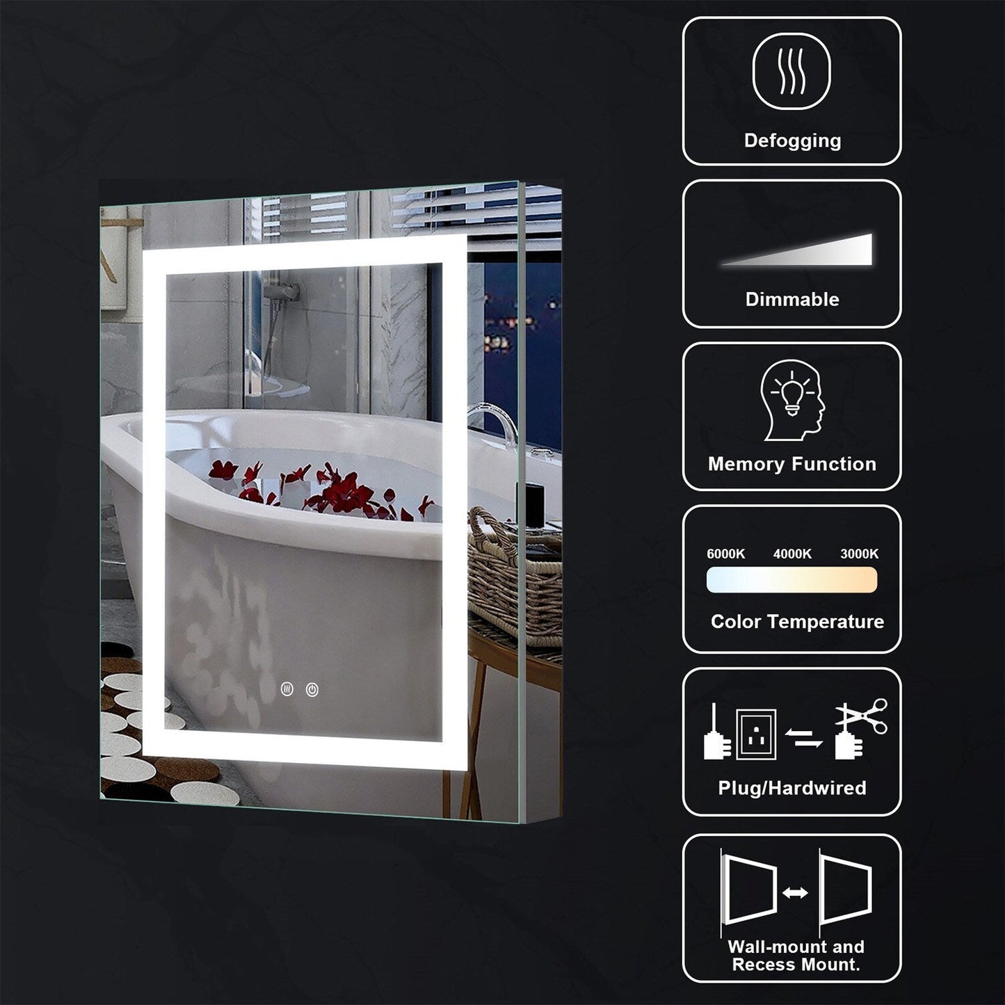 Forclover 24-in x 30-in Lighted LED Fog Free Surface/Recessed Mount Silver Mirrored Soft Close Medicine Cabinet with Outlet