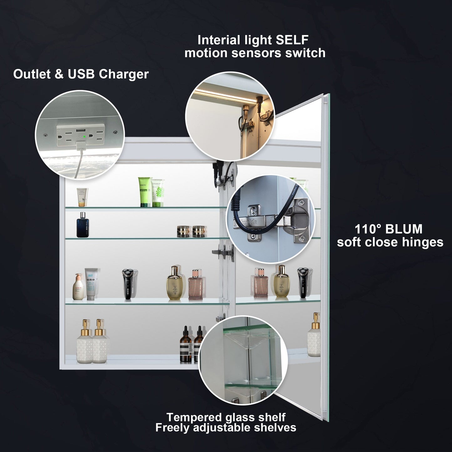 Forclover 24-in x 30-in Lighted LED Fog Free Surface/Recessed Mount Silver Mirrored Soft Close Medicine Cabinet with Outlet
