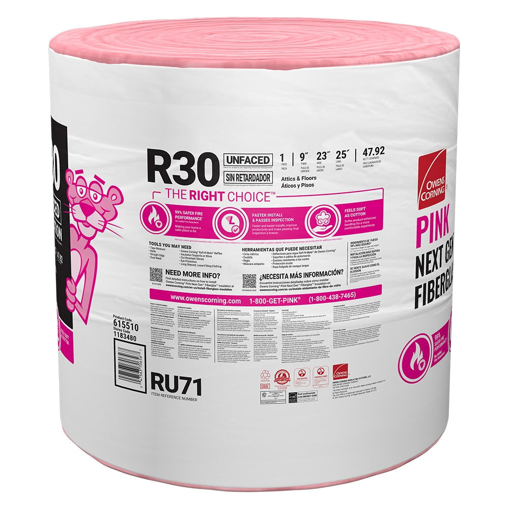 Owens Corning EcoTouch R-30 Unfaced Fiberglass Insulation Roll, 23 in. W x 25 ft. L, 47.92 sq. ft. Coverage