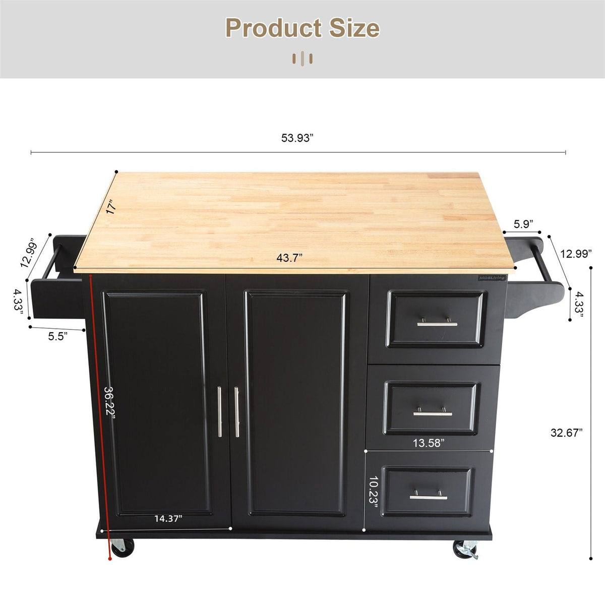 BABOOM Black Mdf Base with Wood Top Rolling Kitchen Island (17-in x 53.93-in x 36.22-in)