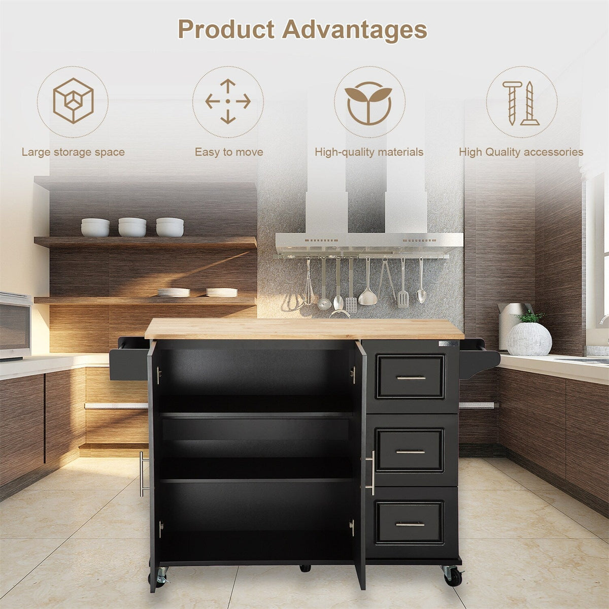 BABOOM Black Mdf Base with Wood Top Rolling Kitchen Island (17-in x 53.93-in x 36.22-in)