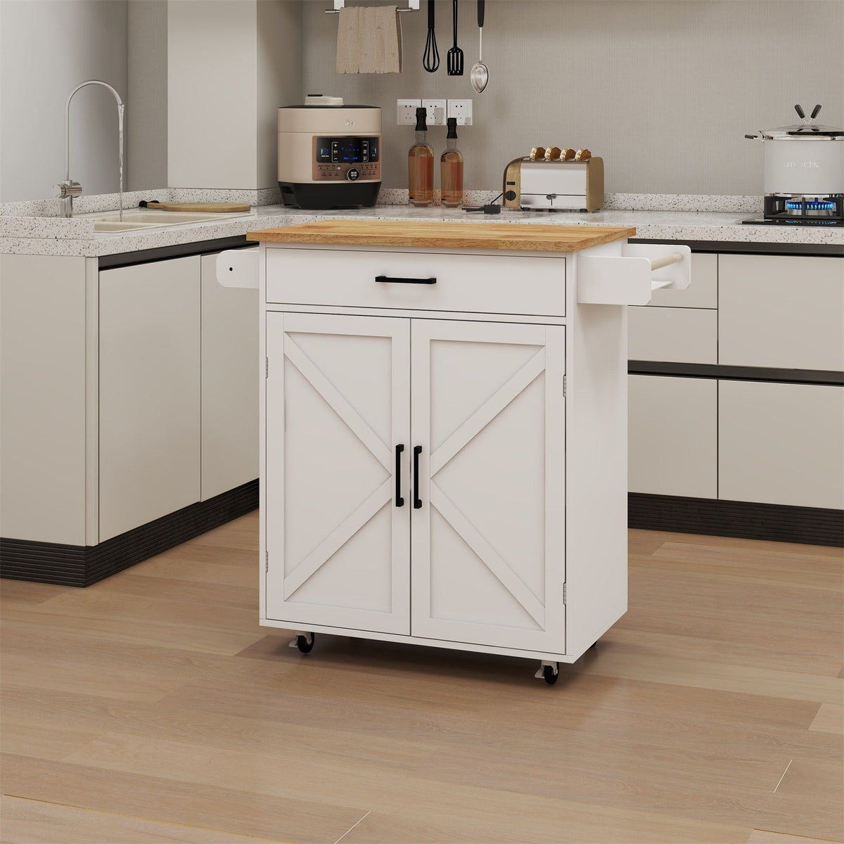 BABOOM White Mdf Base with Wood Top Rolling Kitchen Island (17.72-in x 37.99-in x 36.02-in)