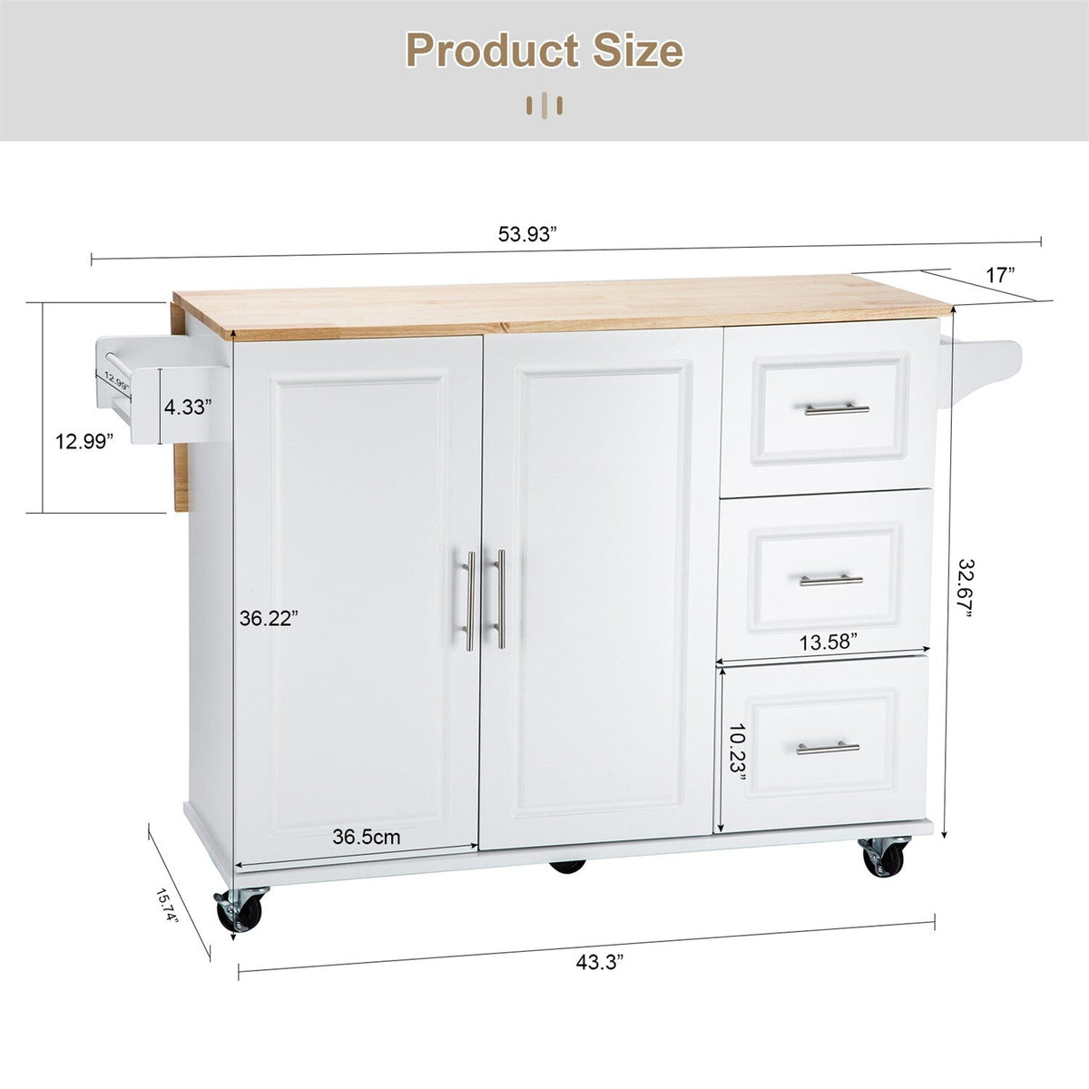 BABOOM White Mdf Base with Wood Top Rolling Kitchen Island (17-in x 53.93-in x 36.22-in)