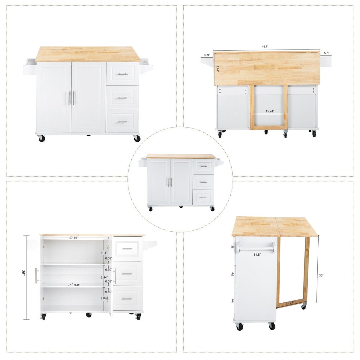 BABOOM White Mdf Base with Wood Top Rolling Kitchen Island (17-in x 53.93-in x 36.22-in)
