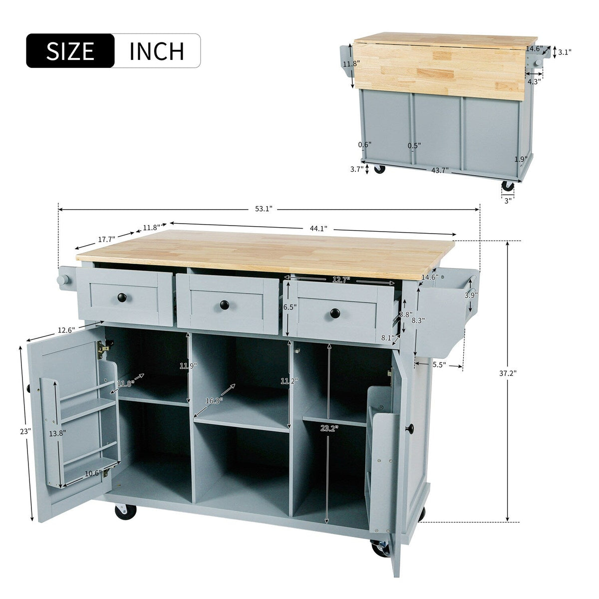 BABOOM Gray Mdf Base with Wood Top Rolling Kitchen Island (29.5-in x 53.1-in x 37.2-in)