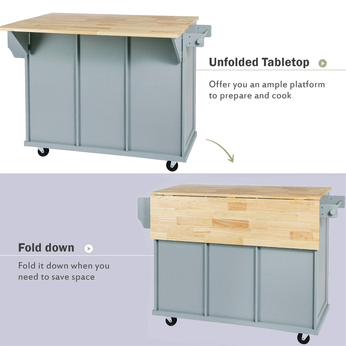 BABOOM Gray Mdf Base with Wood Top Rolling Kitchen Island (29.5-in x 53.1-in x 37.2-in)