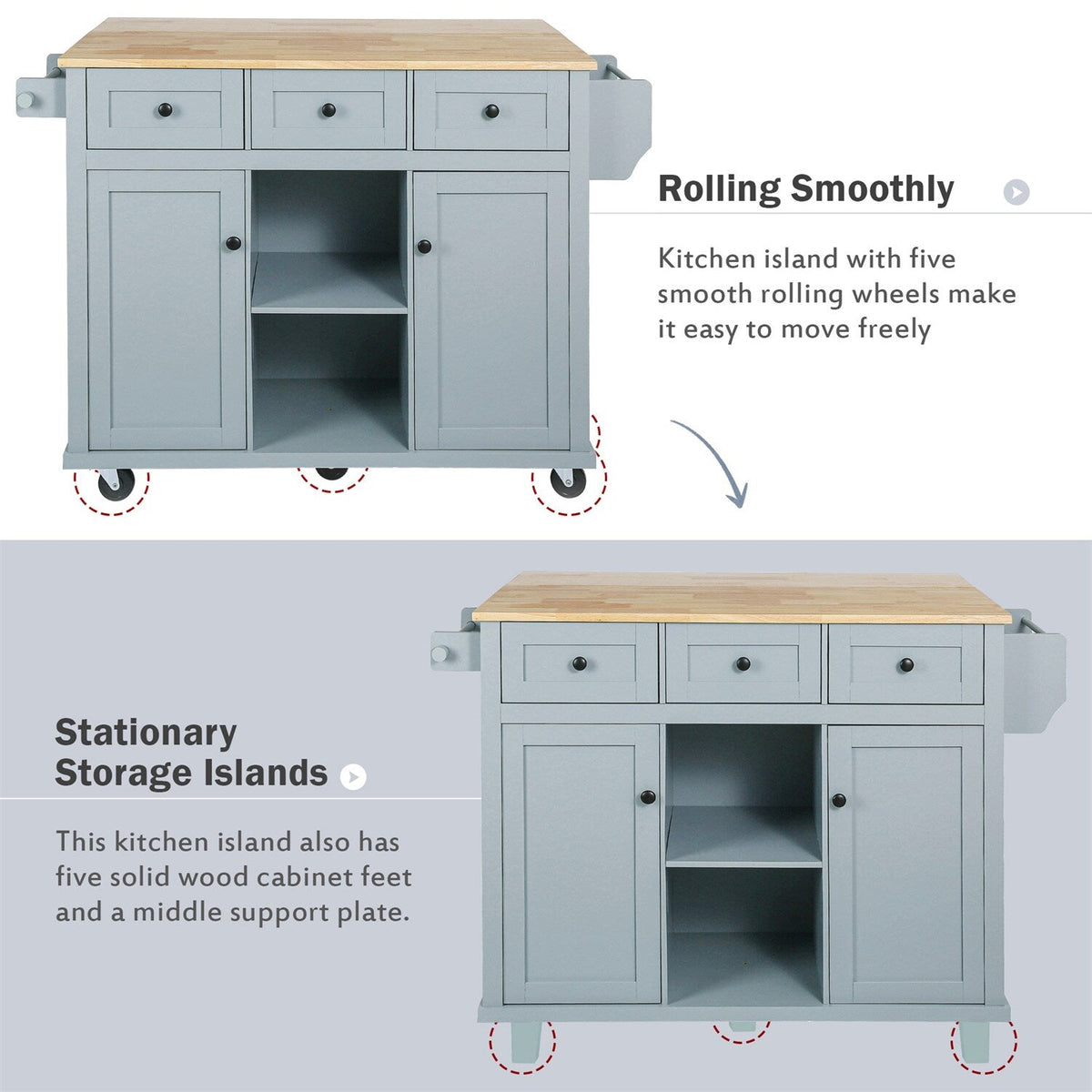 BABOOM Gray Mdf Base with Wood Top Rolling Kitchen Island (29.5-in x 53.1-in x 37.2-in)