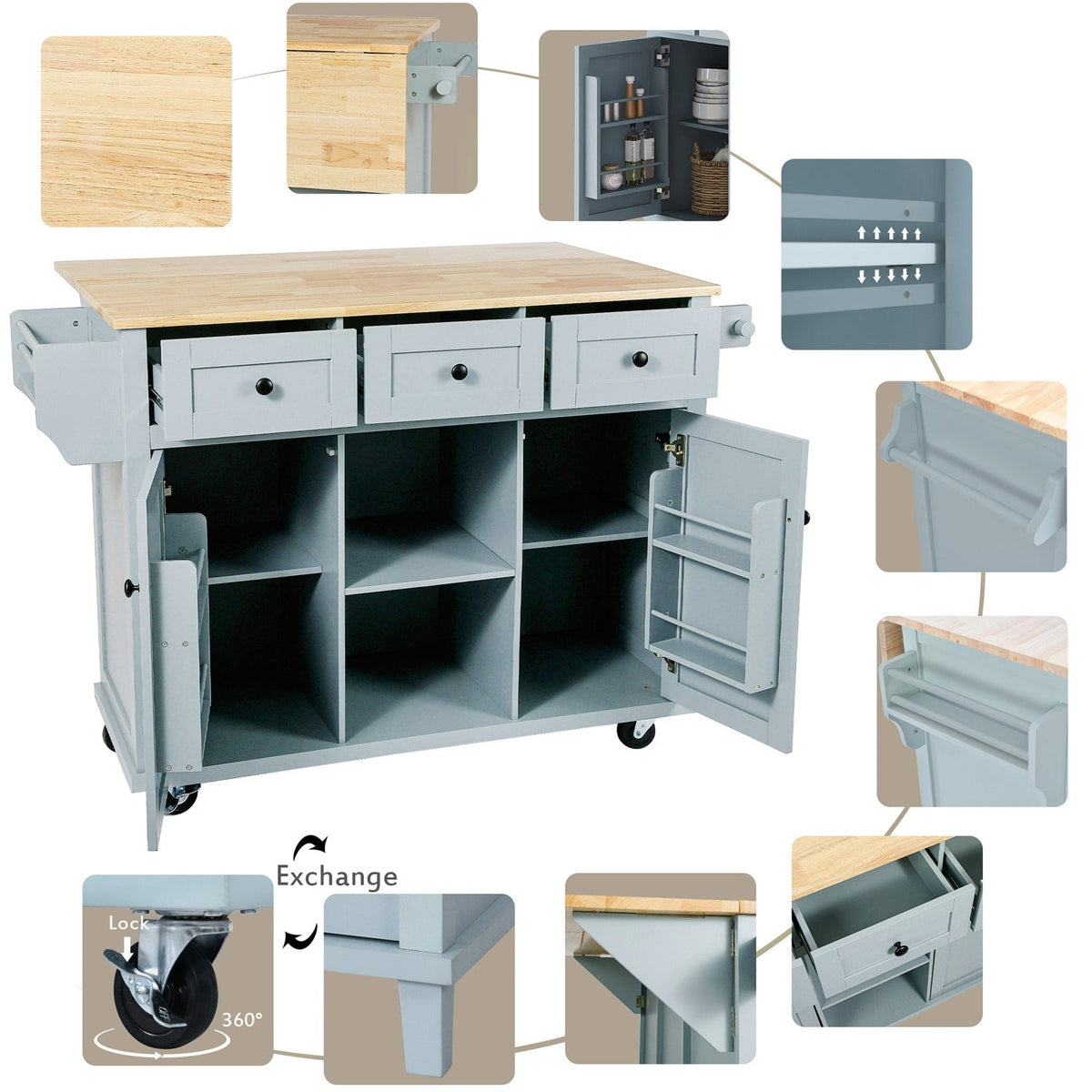 BABOOM Gray Mdf Base with Wood Top Rolling Kitchen Island (29.5-in x 53.1-in x 37.2-in)