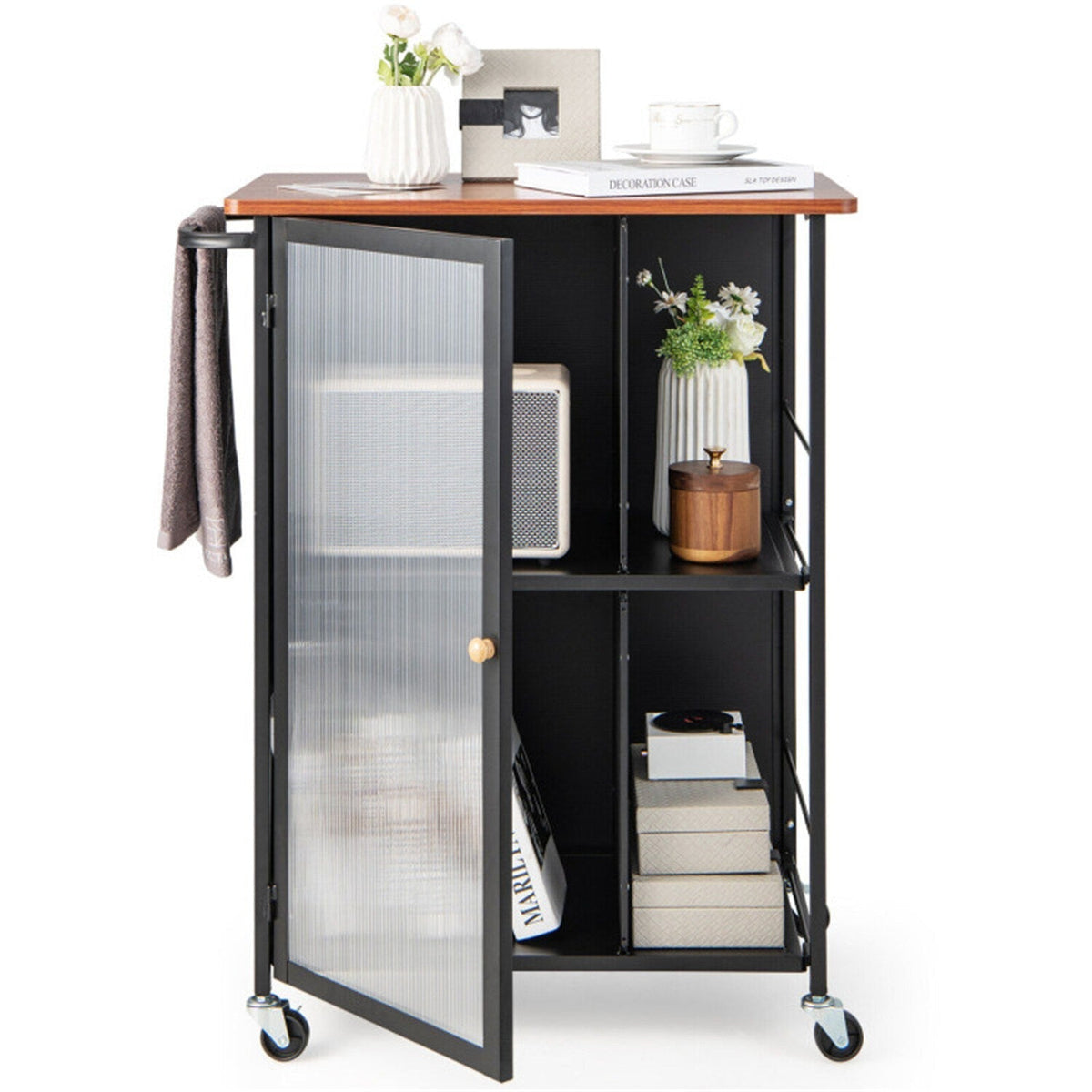 BABOOM Black Mdf Base with Wood Top Rolling Kitchen Cart (17-in x 27.5-in x 35-in)
