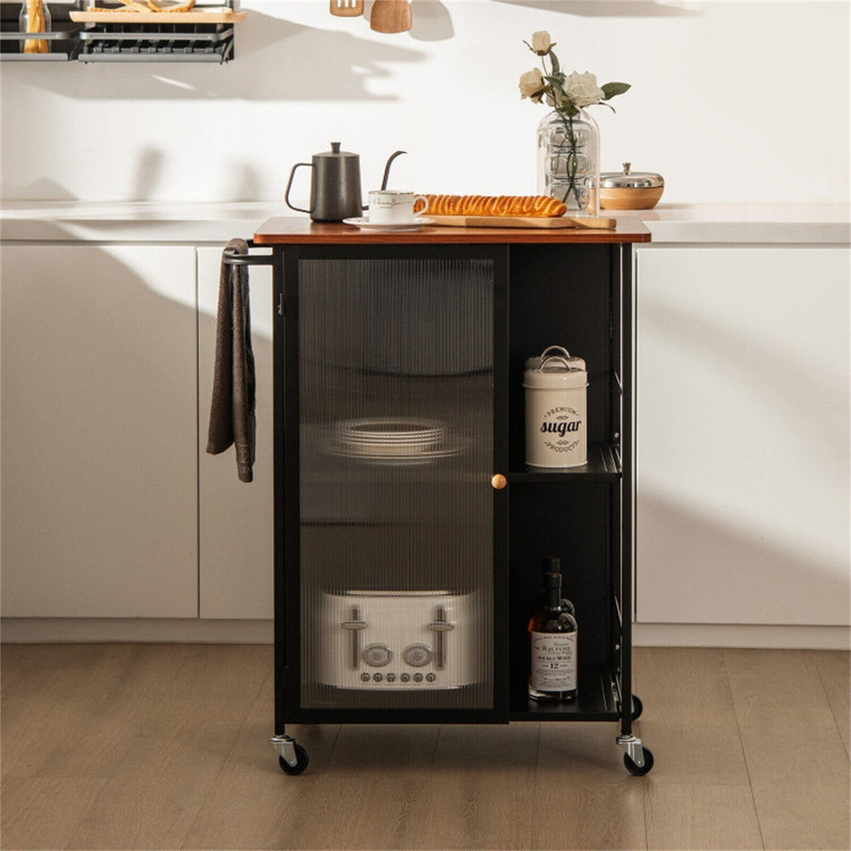 BABOOM Black Mdf Base with Wood Top Rolling Kitchen Cart (17-in x 27.5-in x 35-in)