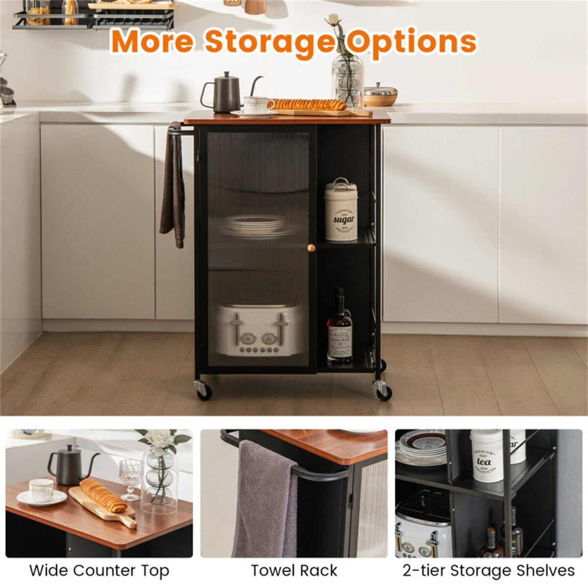 BABOOM Black Mdf Base with Wood Top Rolling Kitchen Cart (17-in x 27.5-in x 35-in)
