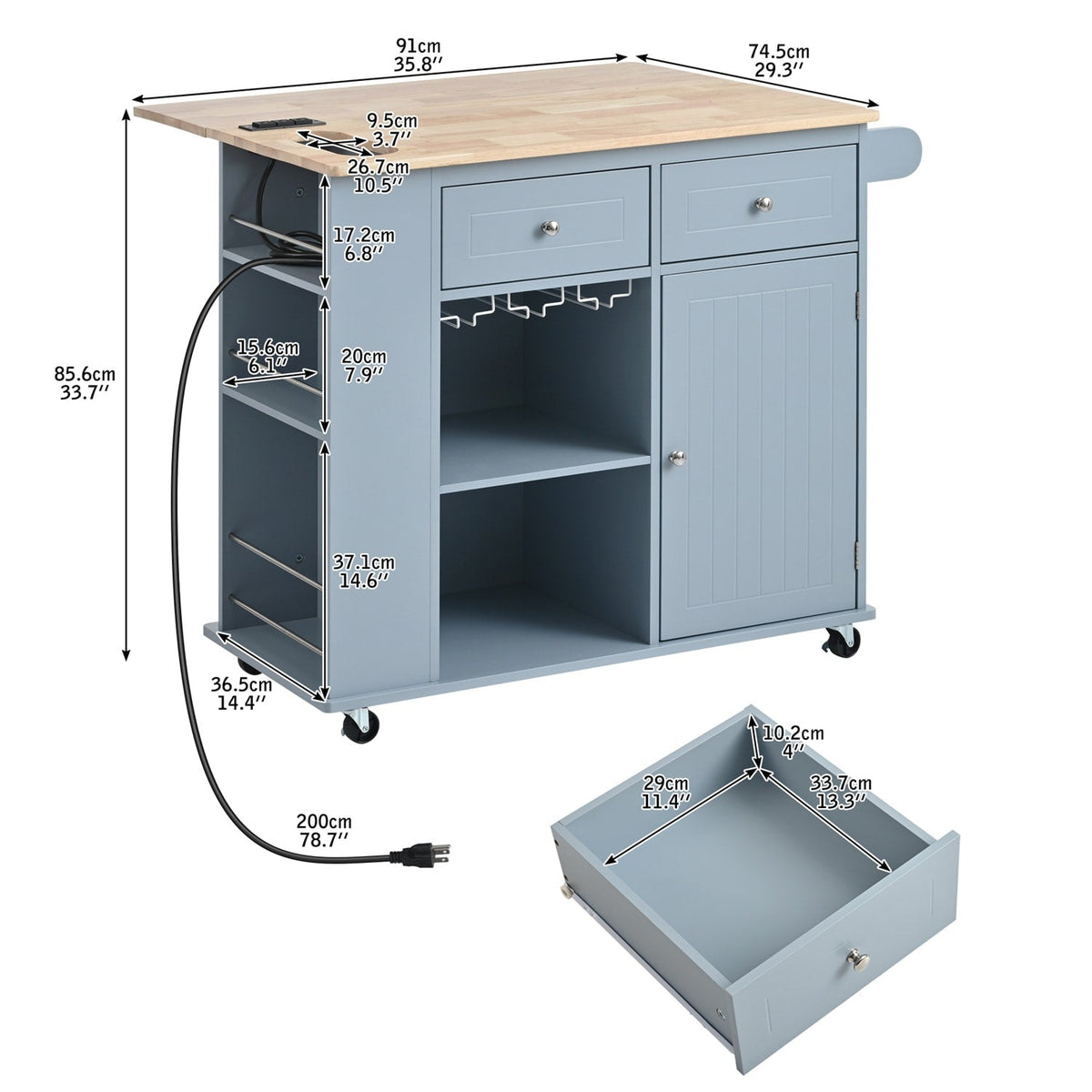 BABOOM Blue Mdf Base with Wood Top Rolling Kitchen Island (29.33-in x 39.8-in x 33.7-in)
