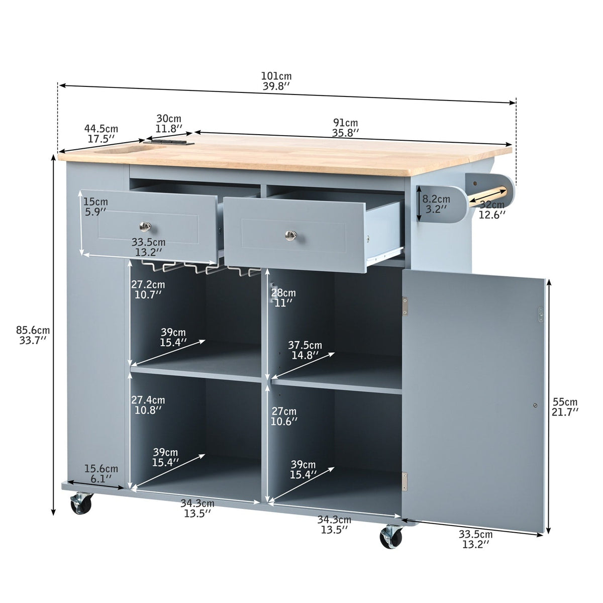 BABOOM Blue Mdf Base with Wood Top Rolling Kitchen Island (29.33-in x 39.8-in x 33.7-in)