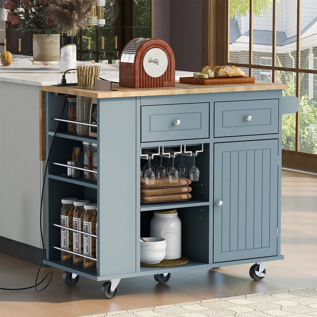 BABOOM Blue Mdf Base with Wood Top Rolling Kitchen Island (29.33-in x 39.8-in x 33.7-in)