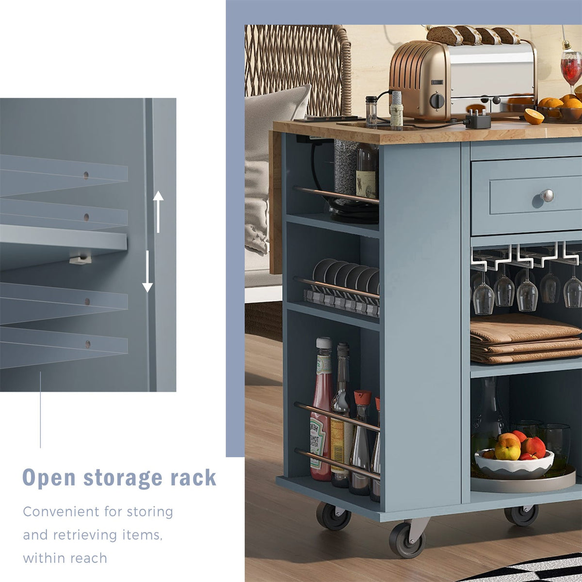 BABOOM Blue Mdf Base with Wood Top Rolling Kitchen Island (29.33-in x 39.8-in x 33.7-in)