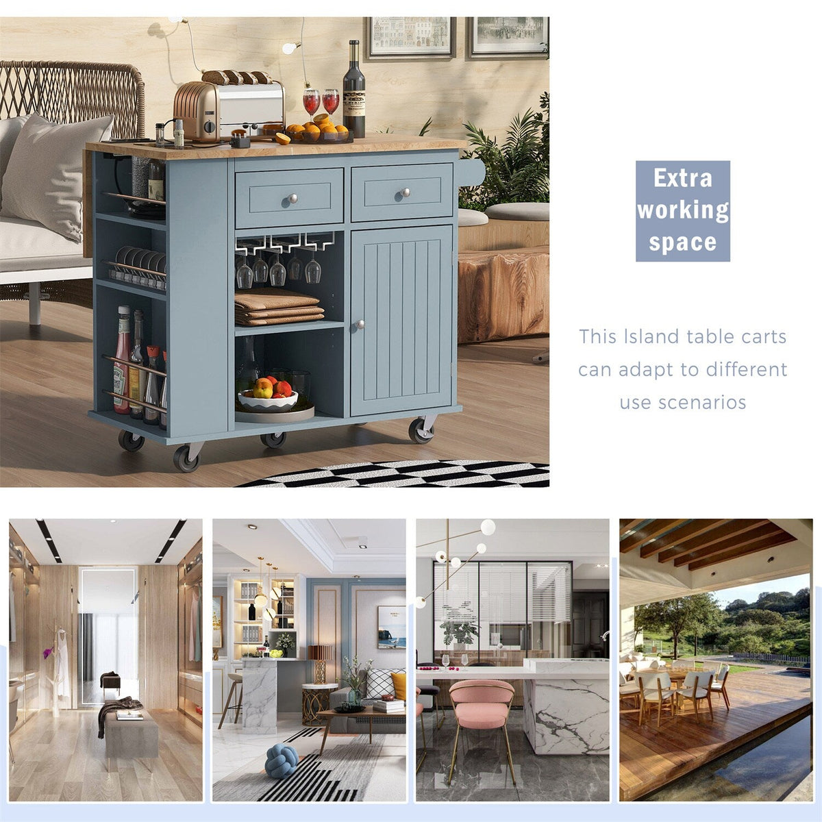 BABOOM Blue Mdf Base with Wood Top Rolling Kitchen Island (29.33-in x 39.8-in x 33.7-in)