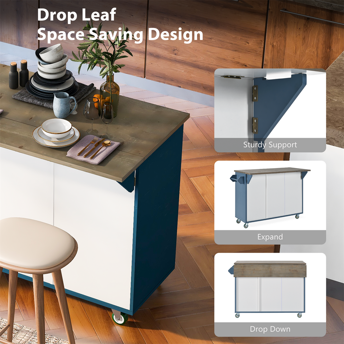 BABOOM Blue Mdf Base with Wood Top Rolling Kitchen Island (25.7-in x 51.57-in x 36.7-in)