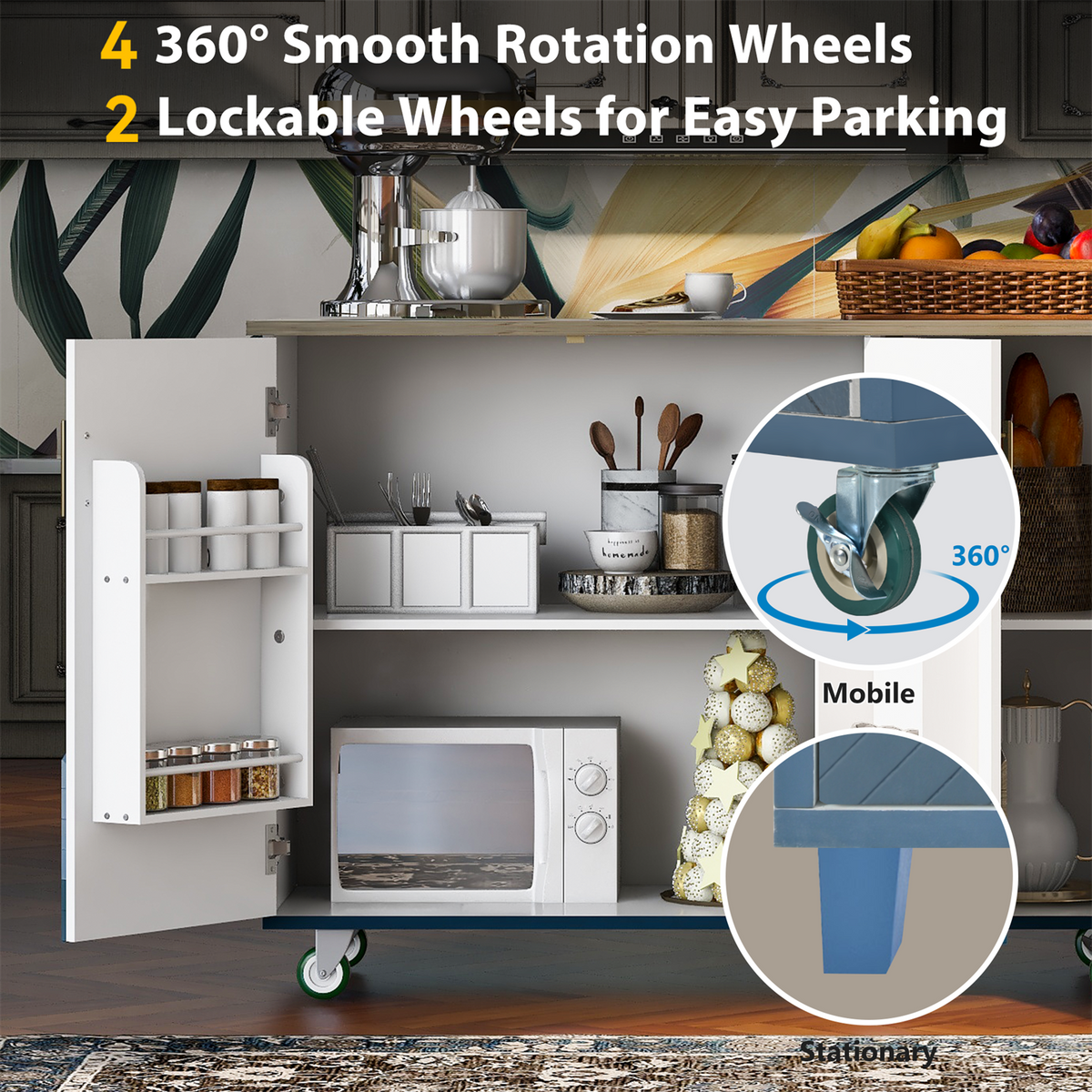 BABOOM Blue Mdf Base with Wood Top Rolling Kitchen Island (25.7-in x 51.57-in x 36.7-in)