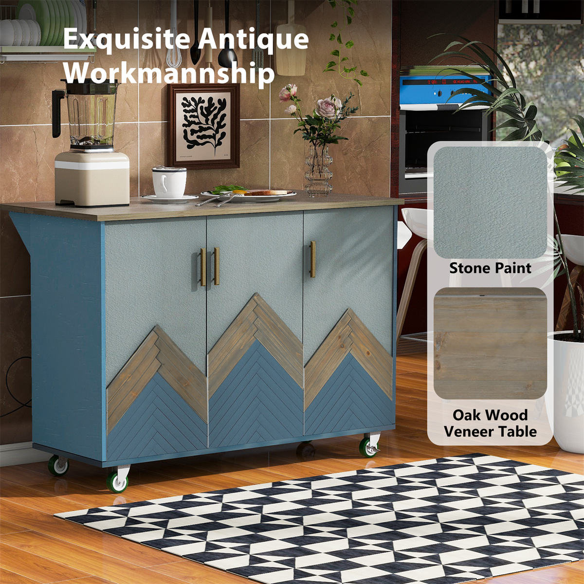 BABOOM Blue Mdf Base with Wood Top Rolling Kitchen Island (25.7-in x 51.57-in x 36.7-in)