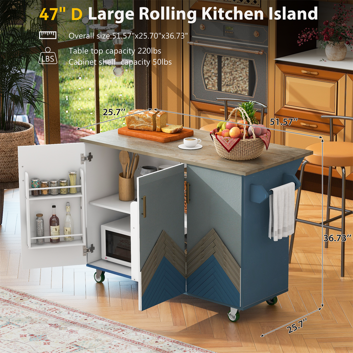 BABOOM Blue Mdf Base with Wood Top Rolling Kitchen Island (25.7-in x 51.57-in x 36.7-in)