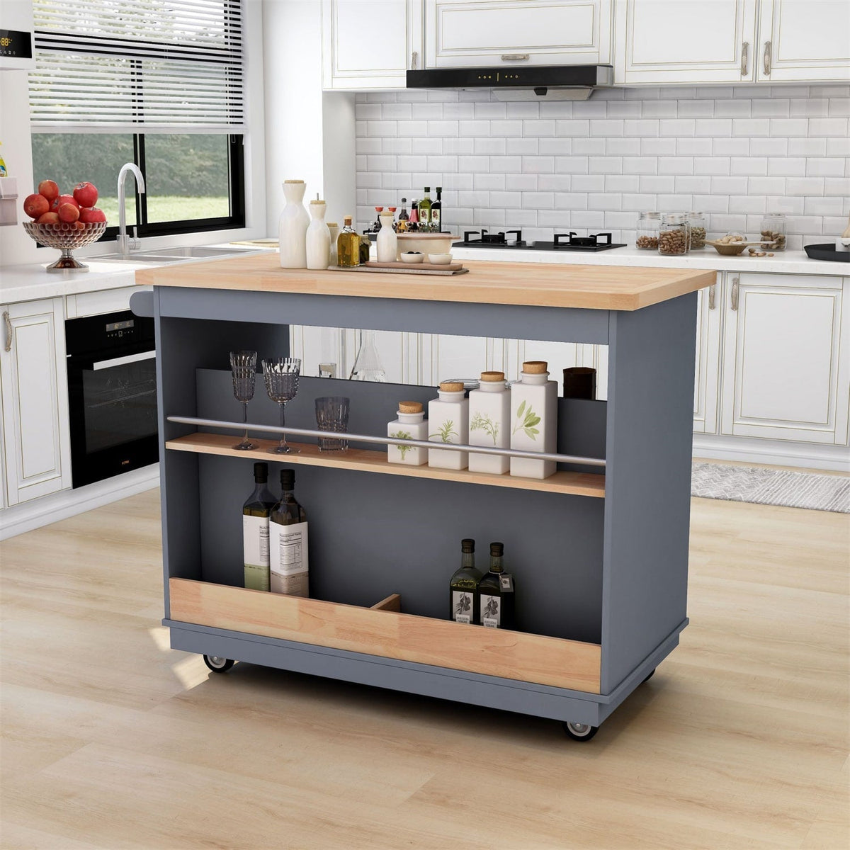 BABOOM Gray Mdf Base with Wood Top Rolling Kitchen Island (21.7-in x 46-in x 35.62-in)