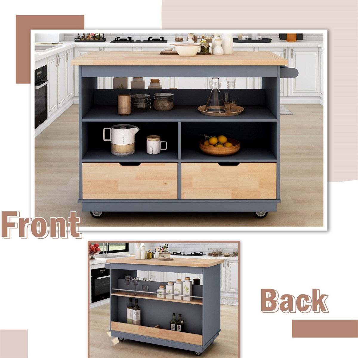BABOOM Gray Mdf Base with Wood Top Rolling Kitchen Island (21.7-in x 46-in x 35.62-in)