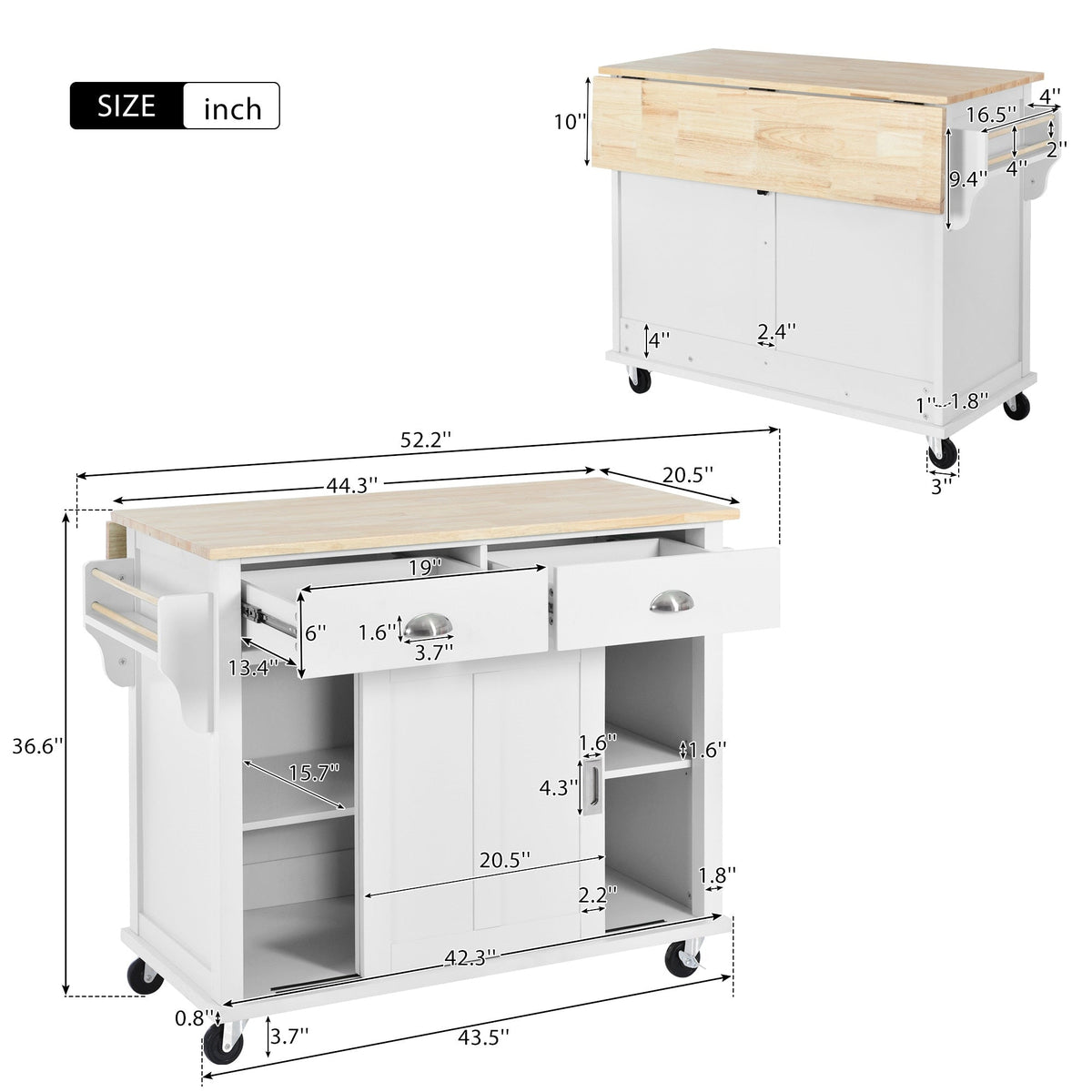 BABOOM White Mdf Base with Wood Top Rolling Kitchen Island (20.5-in x 52.2-in x 36.6-in)