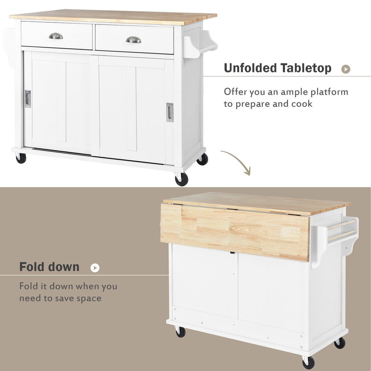 BABOOM White Mdf Base with Wood Top Rolling Kitchen Island (20.5-in x 52.2-in x 36.6-in)