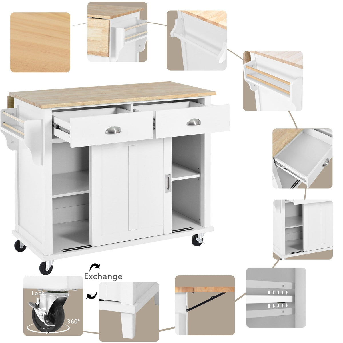 BABOOM White Mdf Base with Wood Top Rolling Kitchen Island (20.5-in x 52.2-in x 36.6-in)