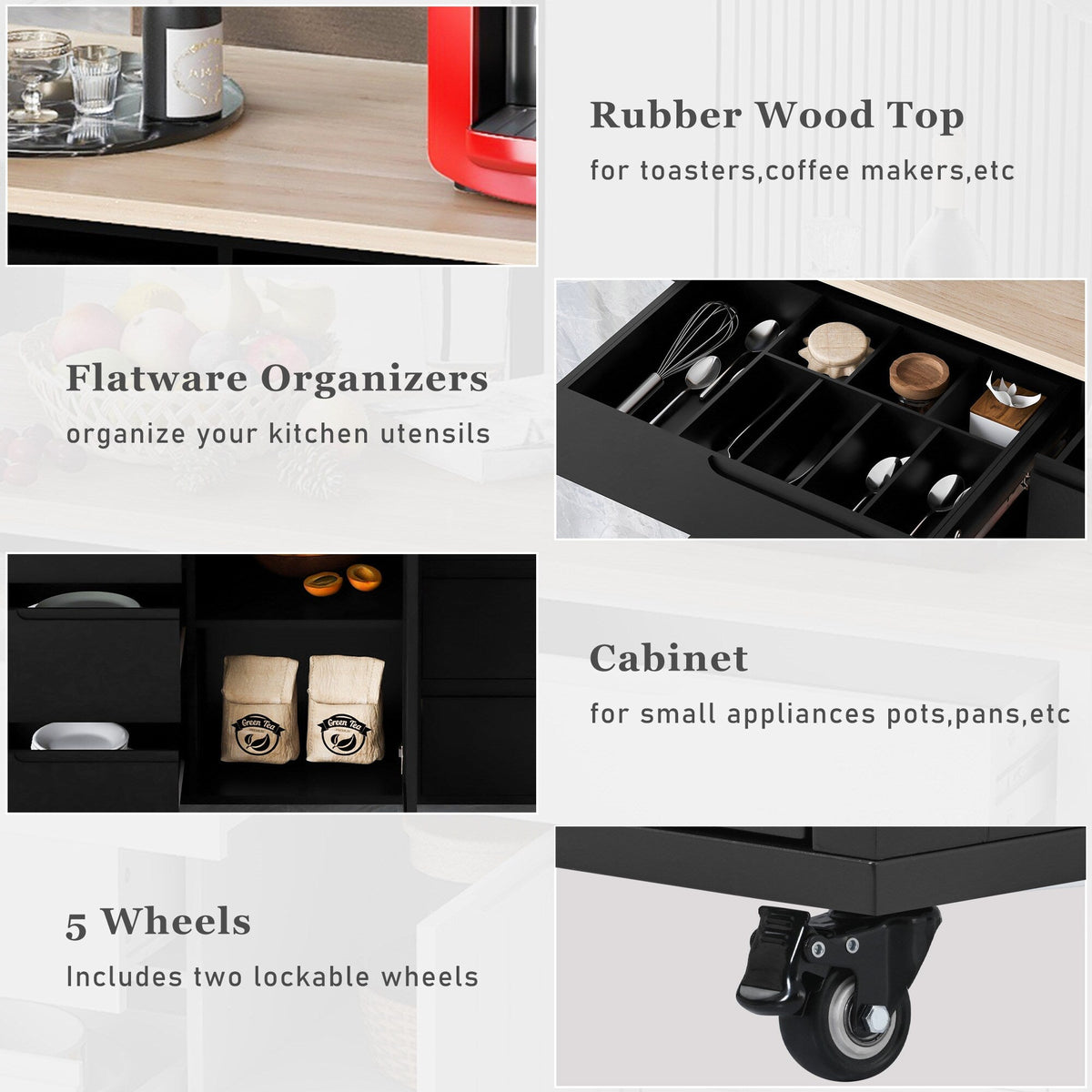 BABOOM Black Mdf Base with Wood Top Rolling Kitchen Island (18.5-in x 53.1-in x 37-in)
