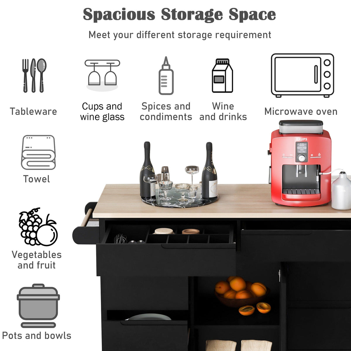 BABOOM Black Mdf Base with Wood Top Rolling Kitchen Island (18.5-in x 53.1-in x 37-in)
