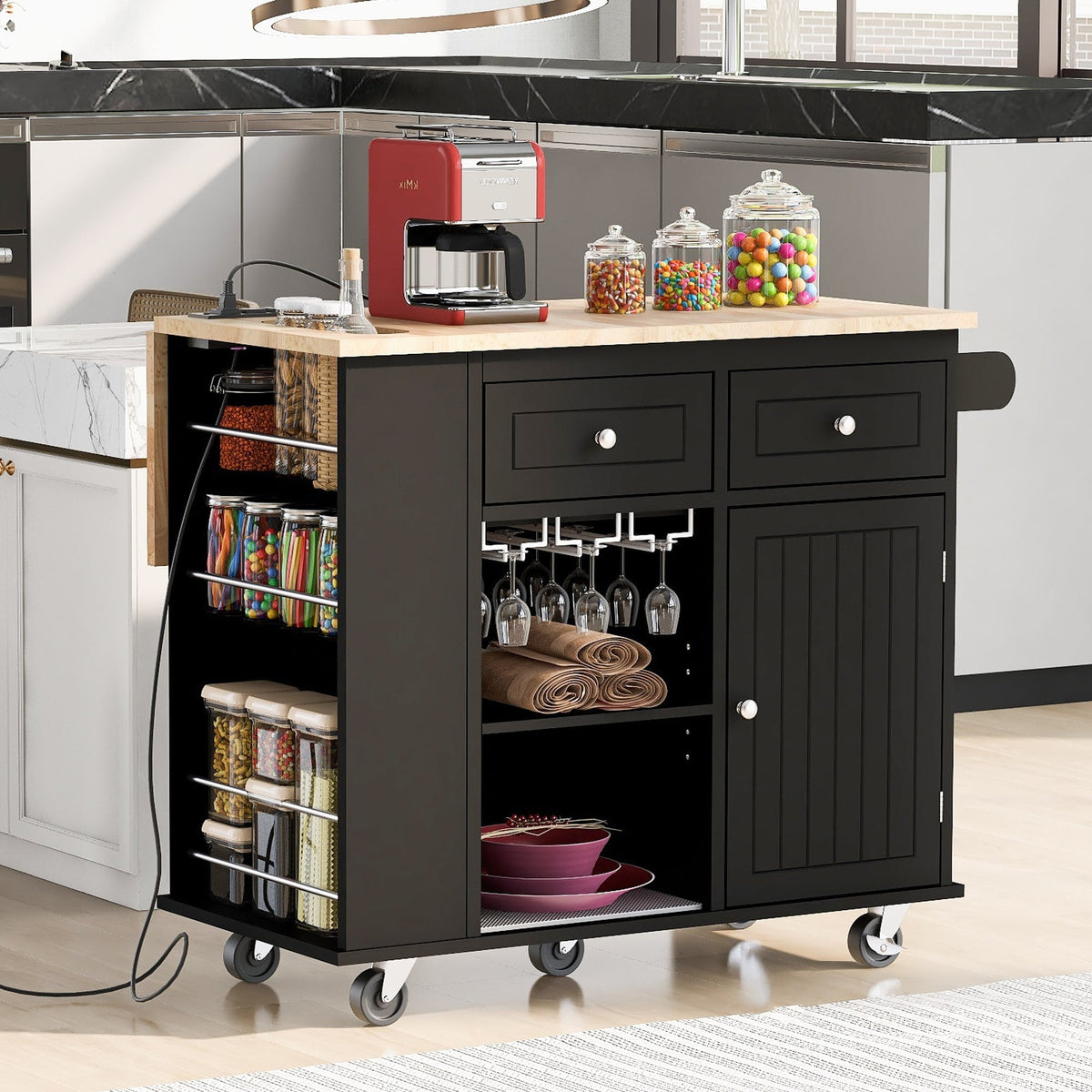 BABOOM Black Mdf Base with Wood Top Rolling Kitchen Island (29.33-in x 39.8-in x 33.7-in)