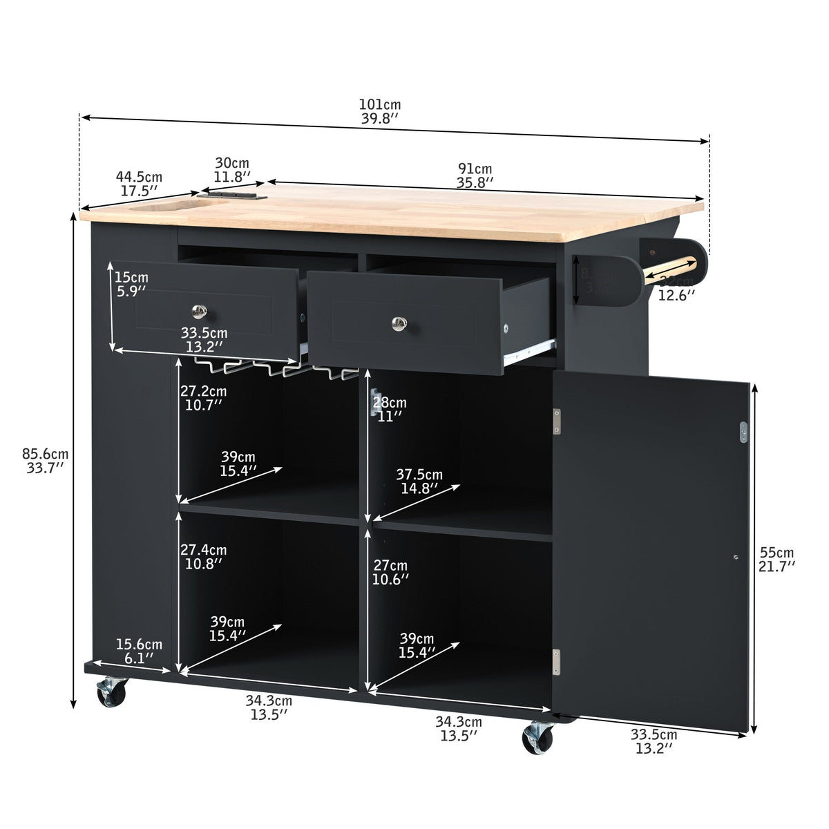 BABOOM Black Mdf Base with Wood Top Rolling Kitchen Island (29.33-in x 39.8-in x 33.7-in)