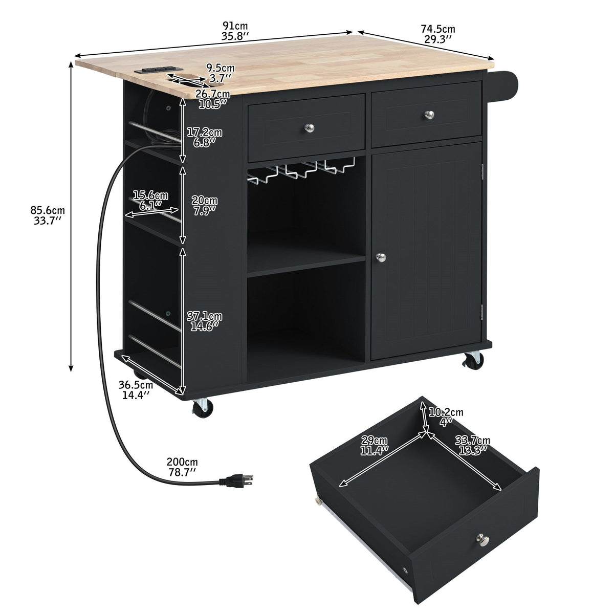 BABOOM Black Mdf Base with Wood Top Rolling Kitchen Island (29.33-in x 39.8-in x 33.7-in)