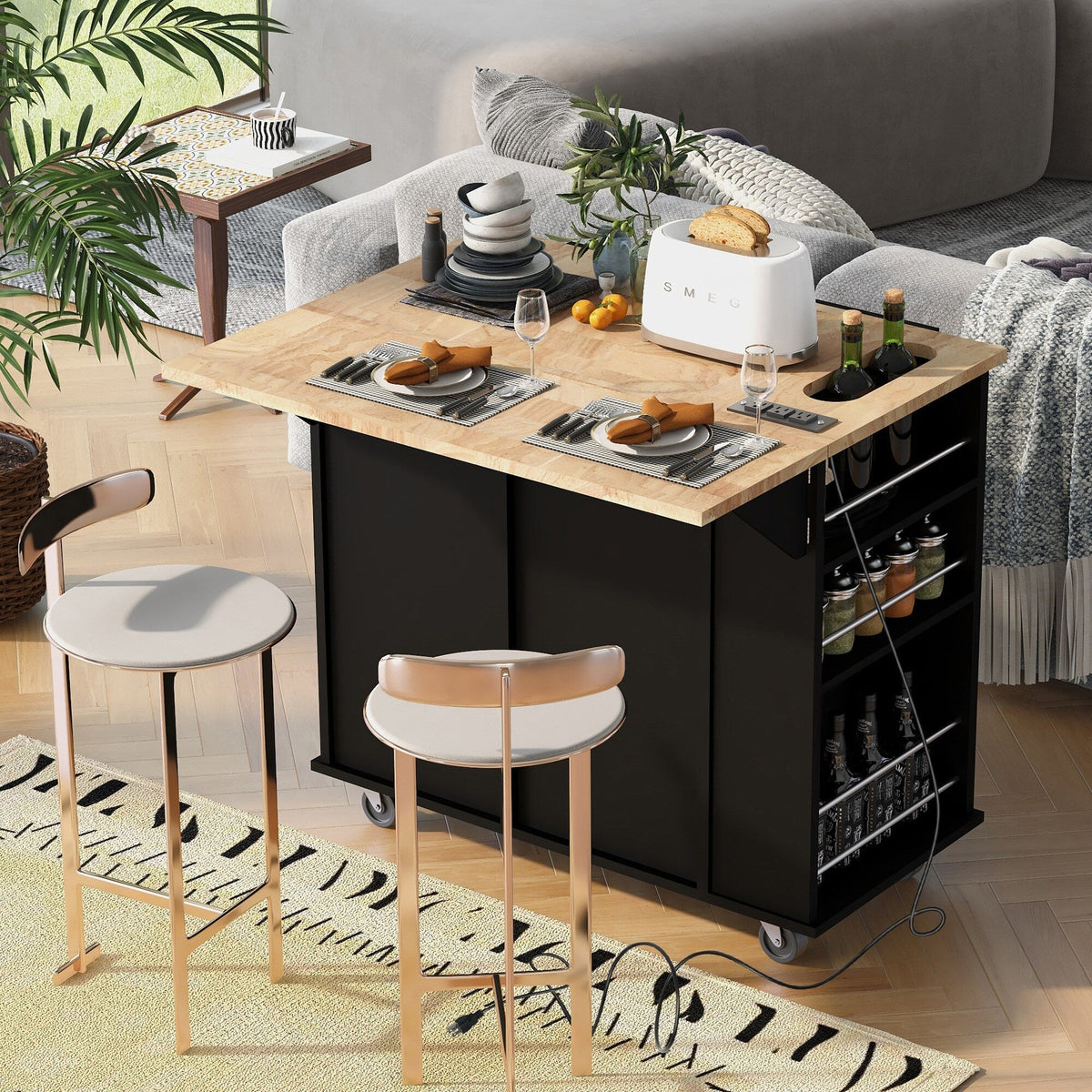 BABOOM Black Mdf Base with Wood Top Rolling Kitchen Island (29.33-in x 39.8-in x 33.7-in)