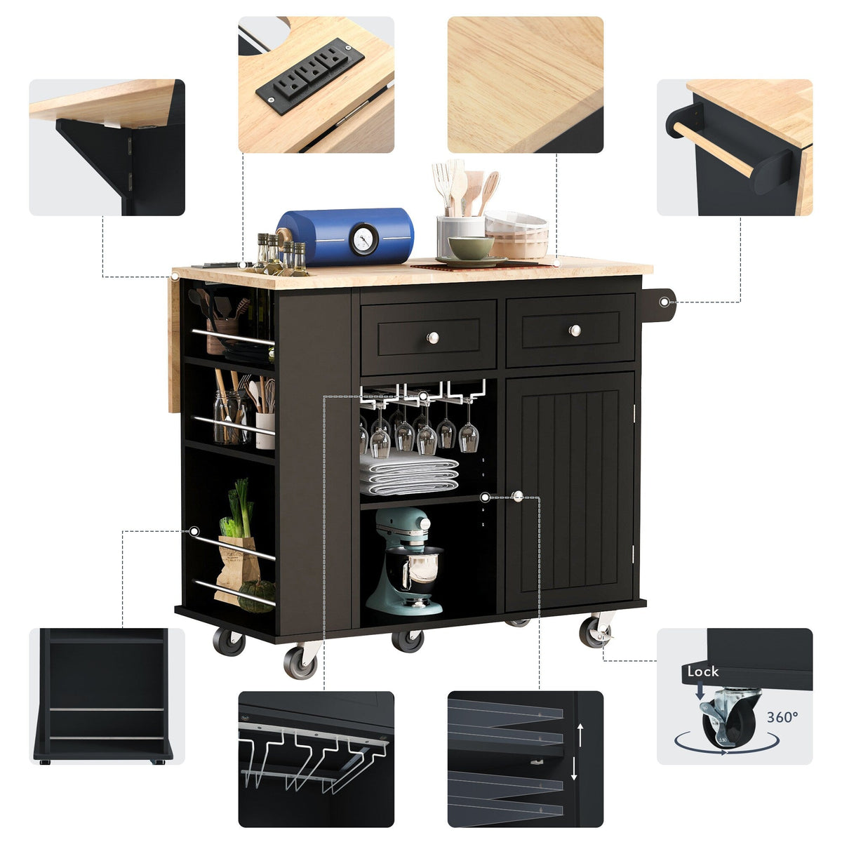 BABOOM Black Mdf Base with Wood Top Rolling Kitchen Island (29.33-in x 39.8-in x 33.7-in)
