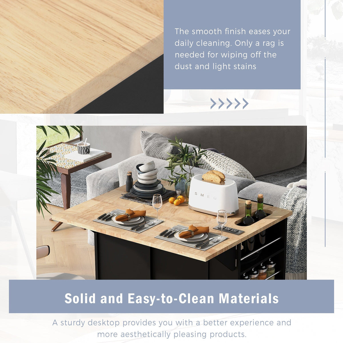 BABOOM Black Mdf Base with Wood Top Rolling Kitchen Island (29.33-in x 39.8-in x 33.7-in)