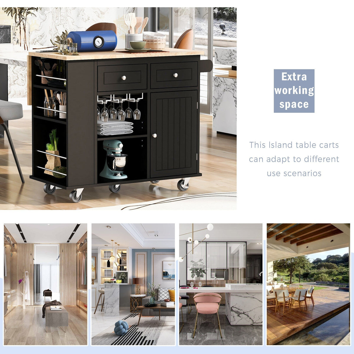 BABOOM Black Mdf Base with Wood Top Rolling Kitchen Island (29.33-in x 39.8-in x 33.7-in)