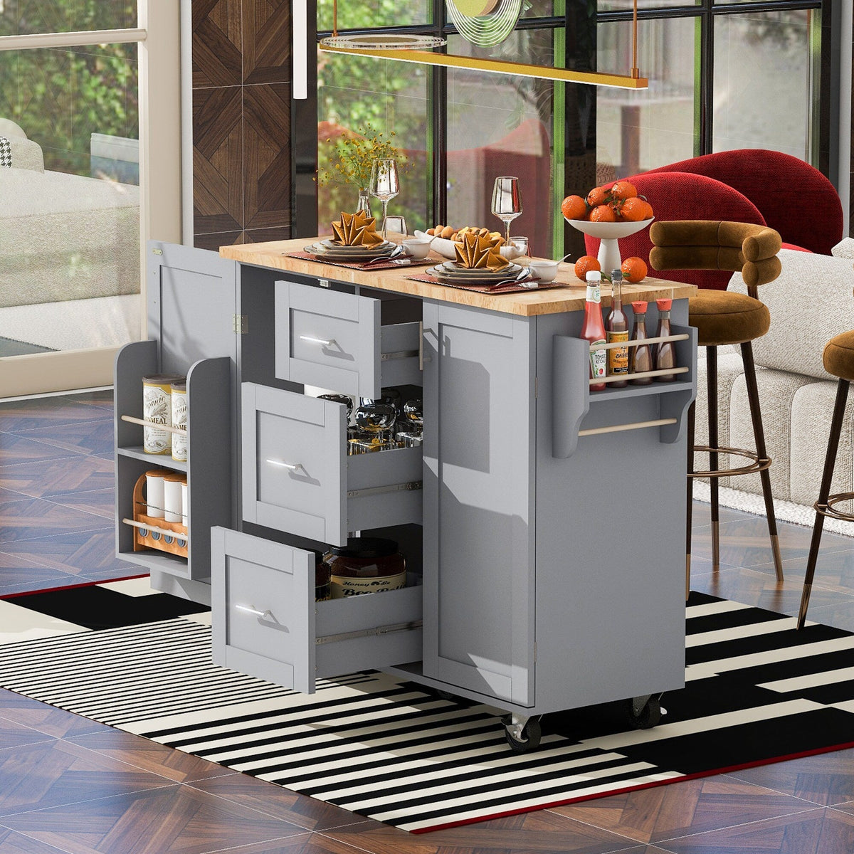 BABOOM Gray Mdf Base with Wood Top Rolling Kitchen Island (17-in x 50-in x 36.9-in)