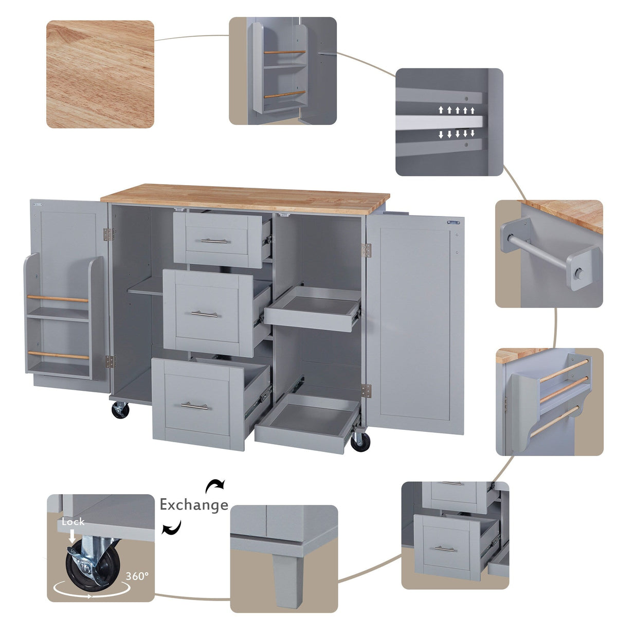 BABOOM Gray Mdf Base with Wood Top Rolling Kitchen Island (17-in x 50-in x 36.9-in)