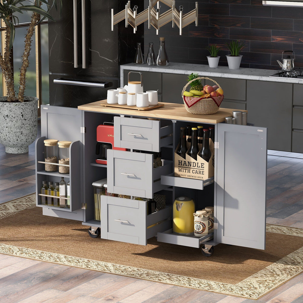 BABOOM Gray Mdf Base with Wood Top Rolling Kitchen Island (17-in x 50-in x 36.9-in)