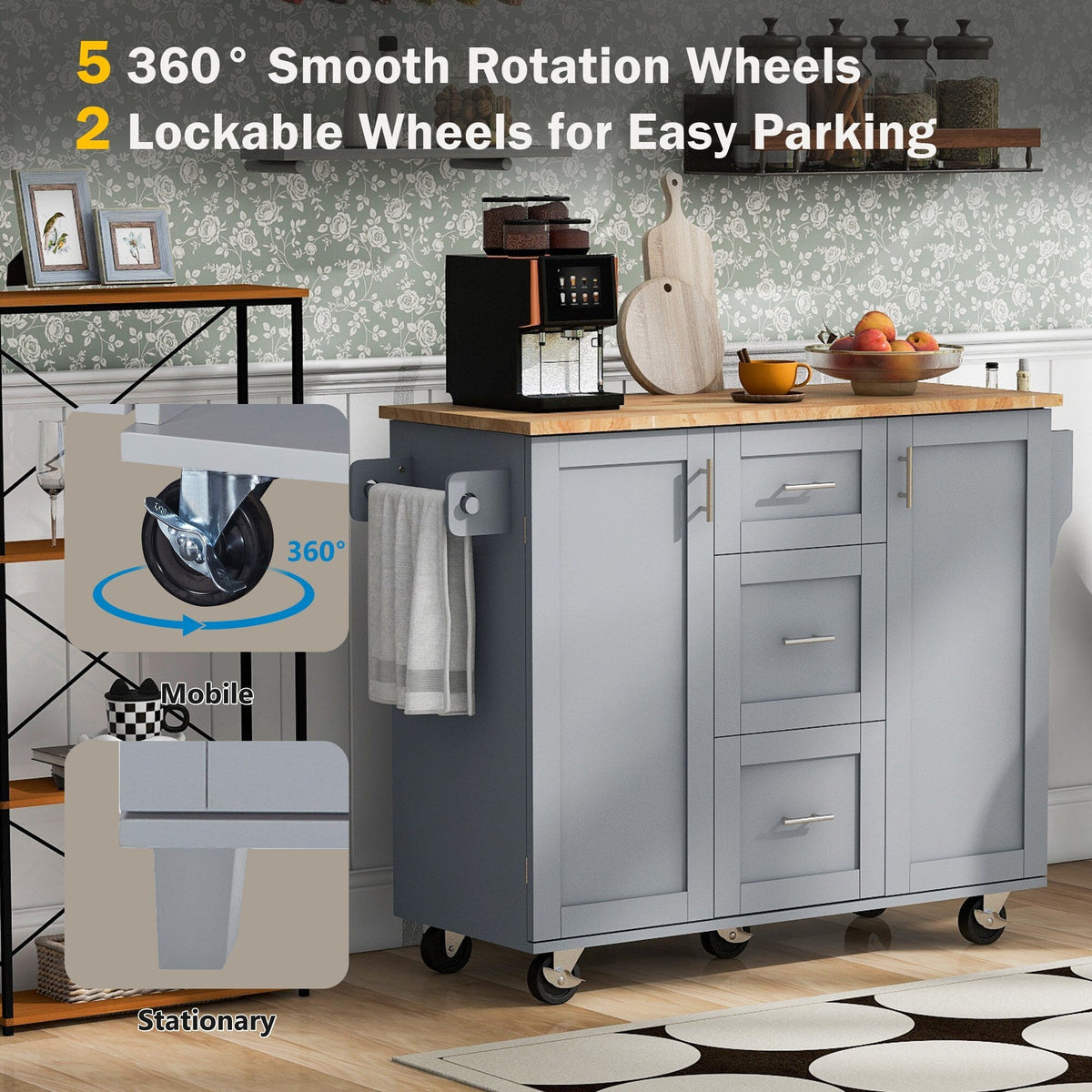 BABOOM Gray Mdf Base with Wood Top Rolling Kitchen Island (17-in x 50-in x 36.9-in)