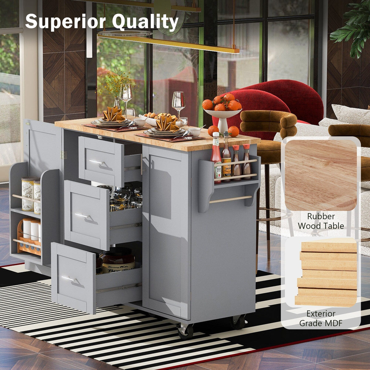 BABOOM Gray Mdf Base with Wood Top Rolling Kitchen Island (17-in x 50-in x 36.9-in)