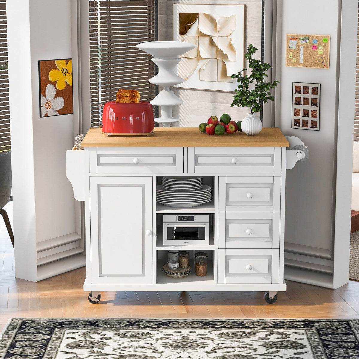 BABOOM White Mdf Base with Wood Top Rolling Kitchen Island (18.1-in x 52.8-in x 36.2-in)