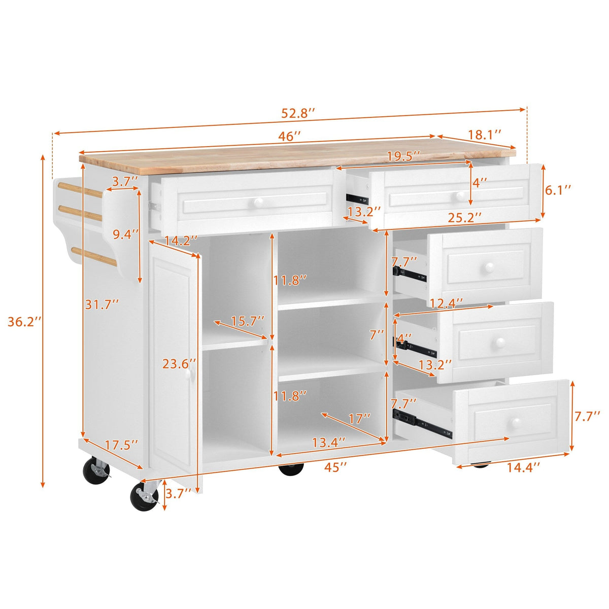 BABOOM White Mdf Base with Wood Top Rolling Kitchen Island (18.1-in x 52.8-in x 36.2-in)